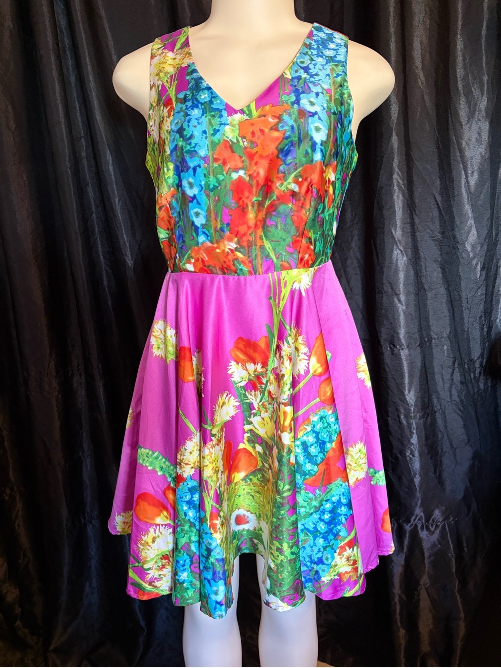Moon Collection Bright Floral V-Neck Dress in Pink and Blue
